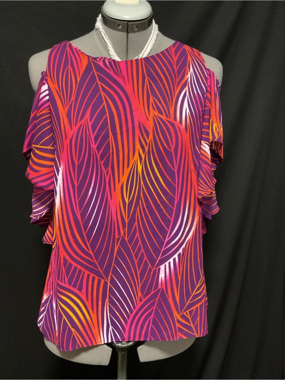 Worthington Cold-Shoulder Blouse in Fuchsia, Purple and Orange Leaf Print